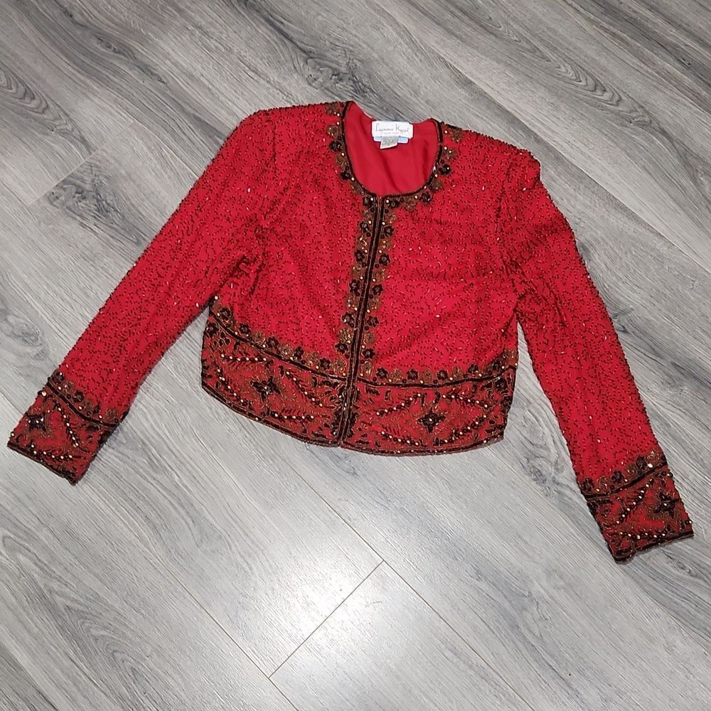 VINTAGE EUC Lawrence Kazar 100% Silk Heavily Beaded Red/Gold/Blk Cropped Blazer